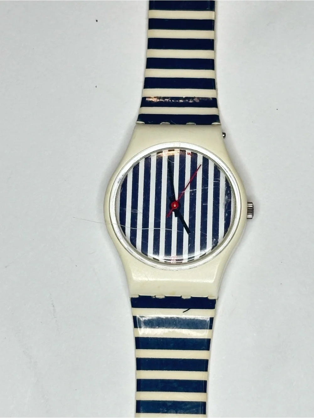 Vintage Swatch S805 Blue White Stripe Swiss Quartz Watch Runs Original Band